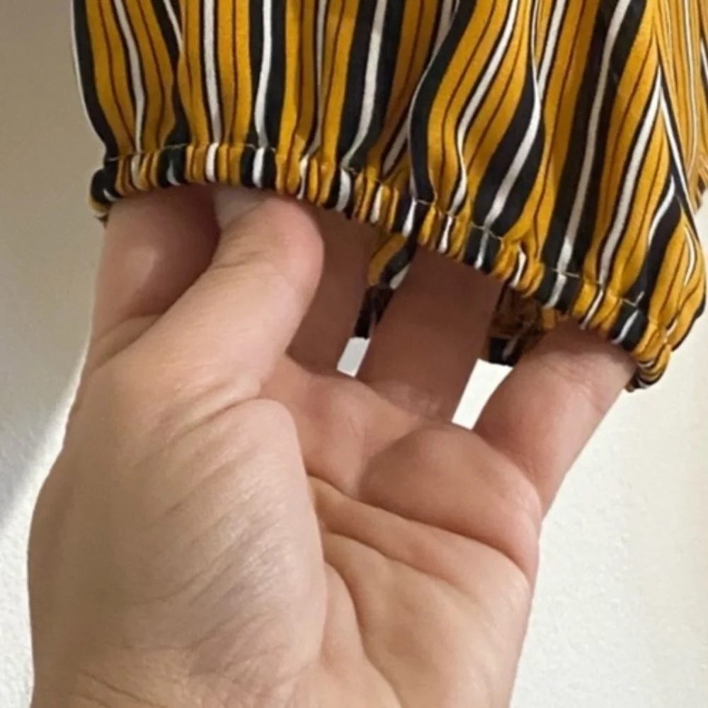 Daisy May mustard yellow and black vertical striped cropped front tie blouse - Picture 7 of 7